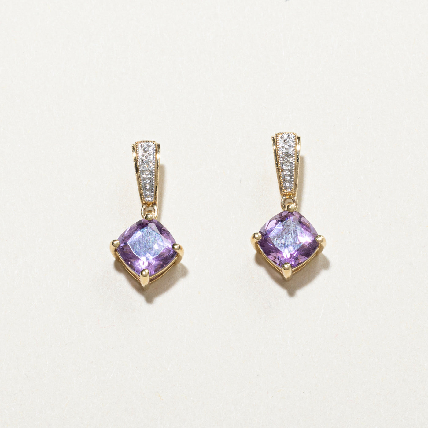 Square Cut Amethyst & Diamond Drop Earrings | 3.60ctw, 0.02ct