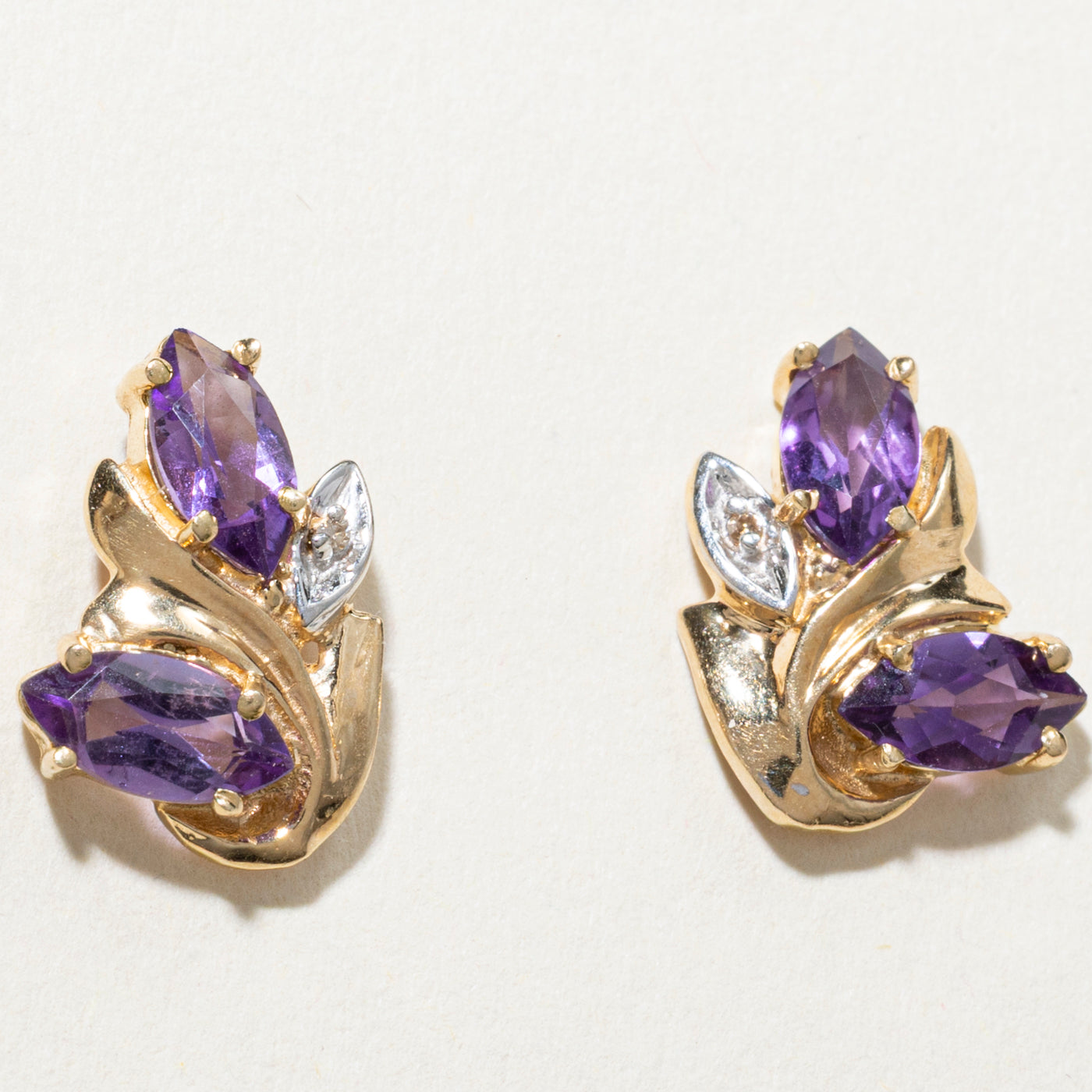 Marquise Cut Amethyst & Diamond Stud Earrings | 1.50ctw, 0.01ct