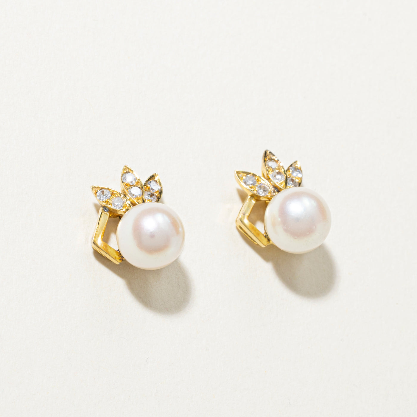 Yellow Gold Diamond & Pearl Stud Earrings | 0.12ct