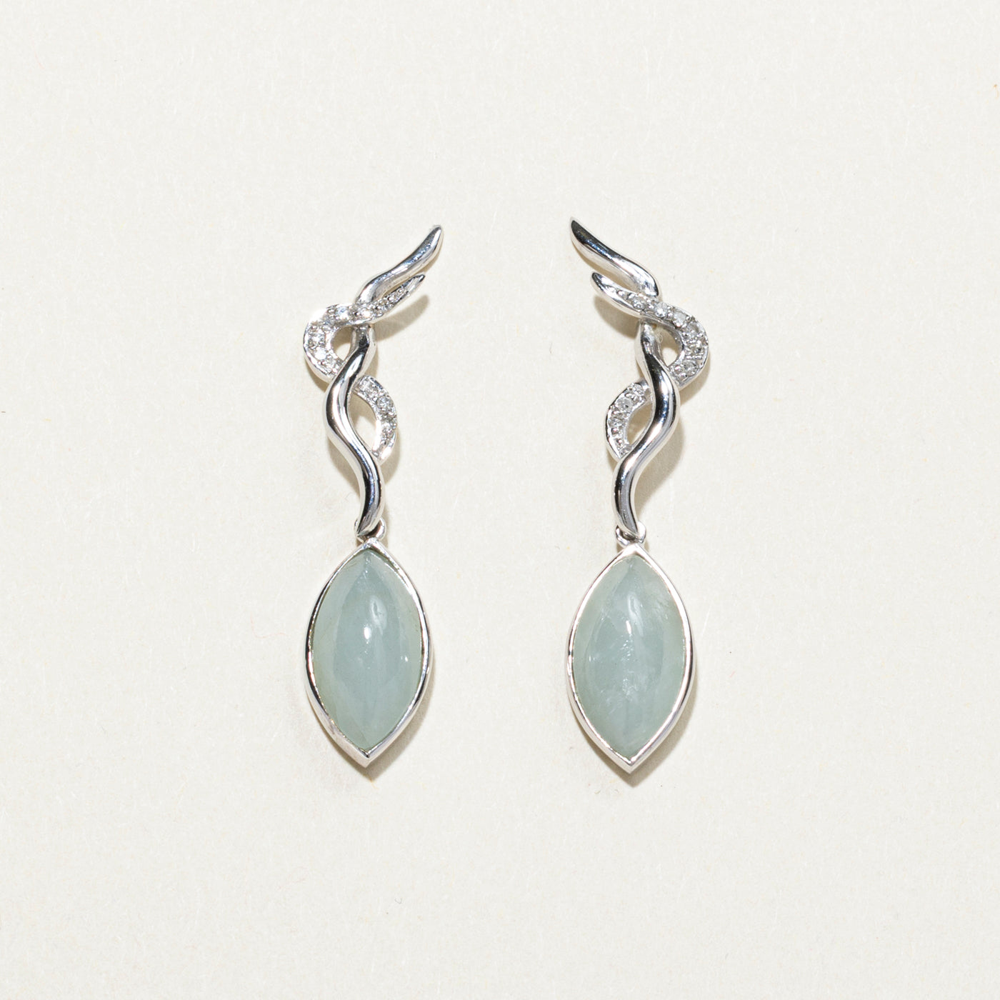 18k Solitaire Aquamarine & Diamond Wave Drop Earrings | 4.50ctw, 0.04ct