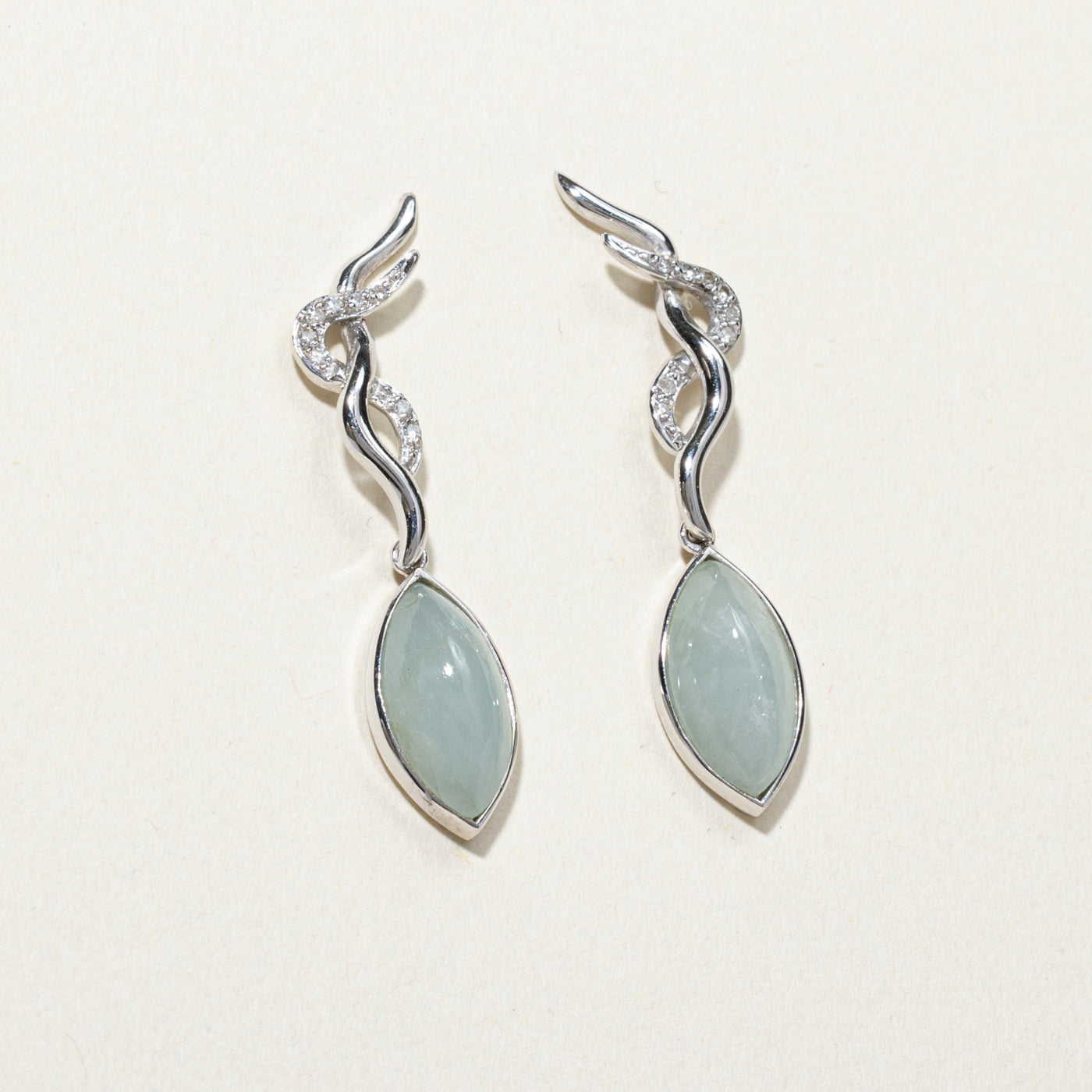 18k Solitaire Aquamarine & Diamond Wave Drop Earrings | 4.50ctw, 0.04ct