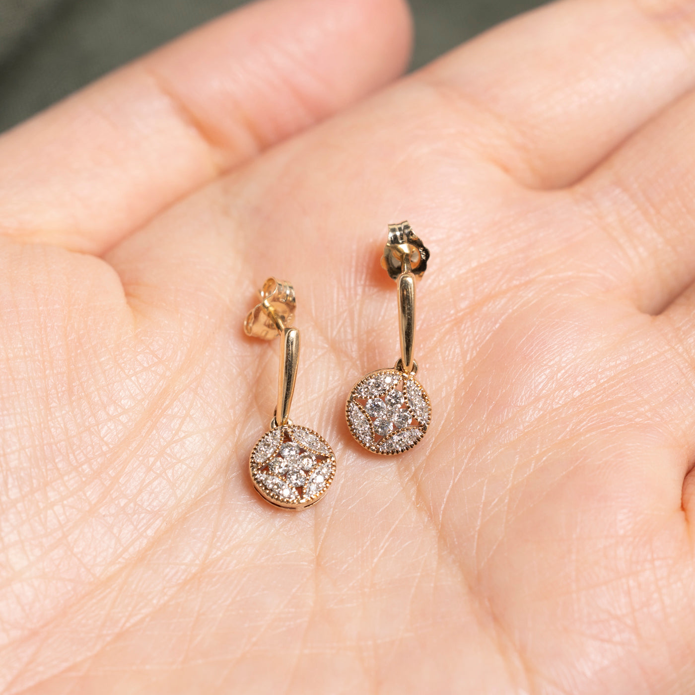 Yellow Gold Diamond Circle Cluster Drop Earrings | 0.23ct