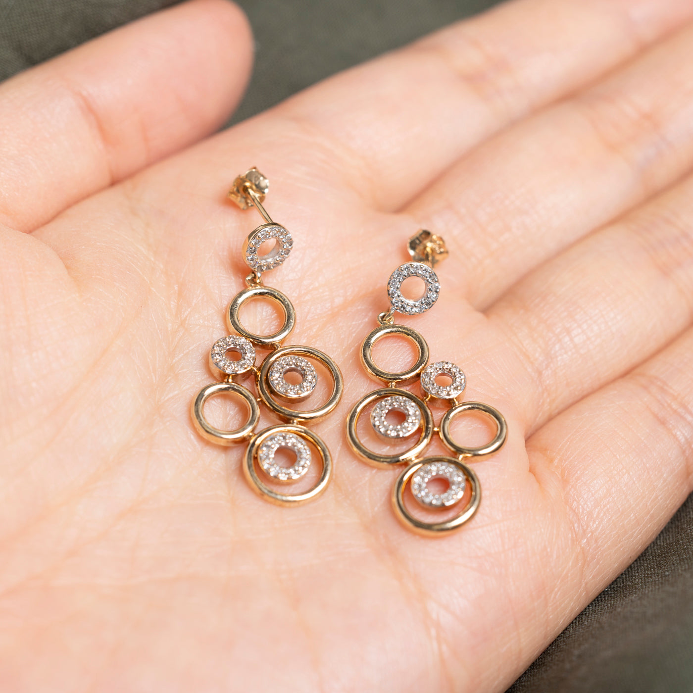 Yellow Gold Diamond Cirlces Chandelier Earrings | 0.20ct