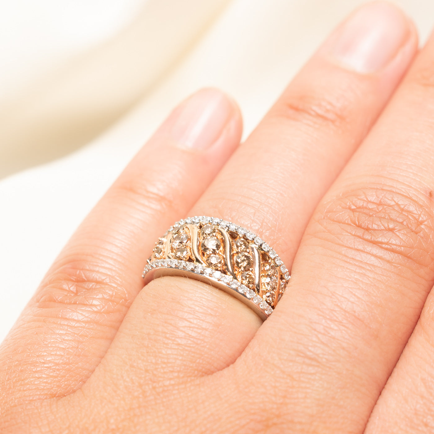 Brown & White Diamond Wave Cocktail Ring | 0.86ctw | SZ 6.5