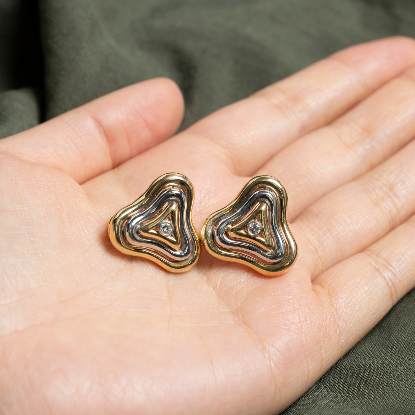 Two Tone Gold Diamond Grooved Triangle Stud Earrings | 0.12ctw