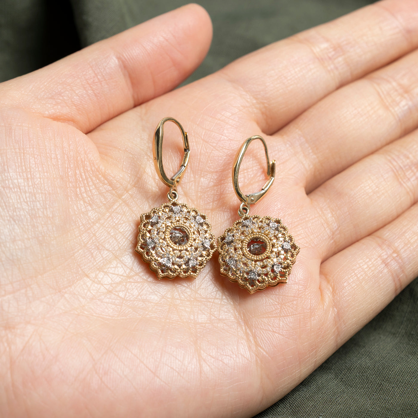 10k Ornate Diamond Cluster Drop Earrings | 0.42ctw