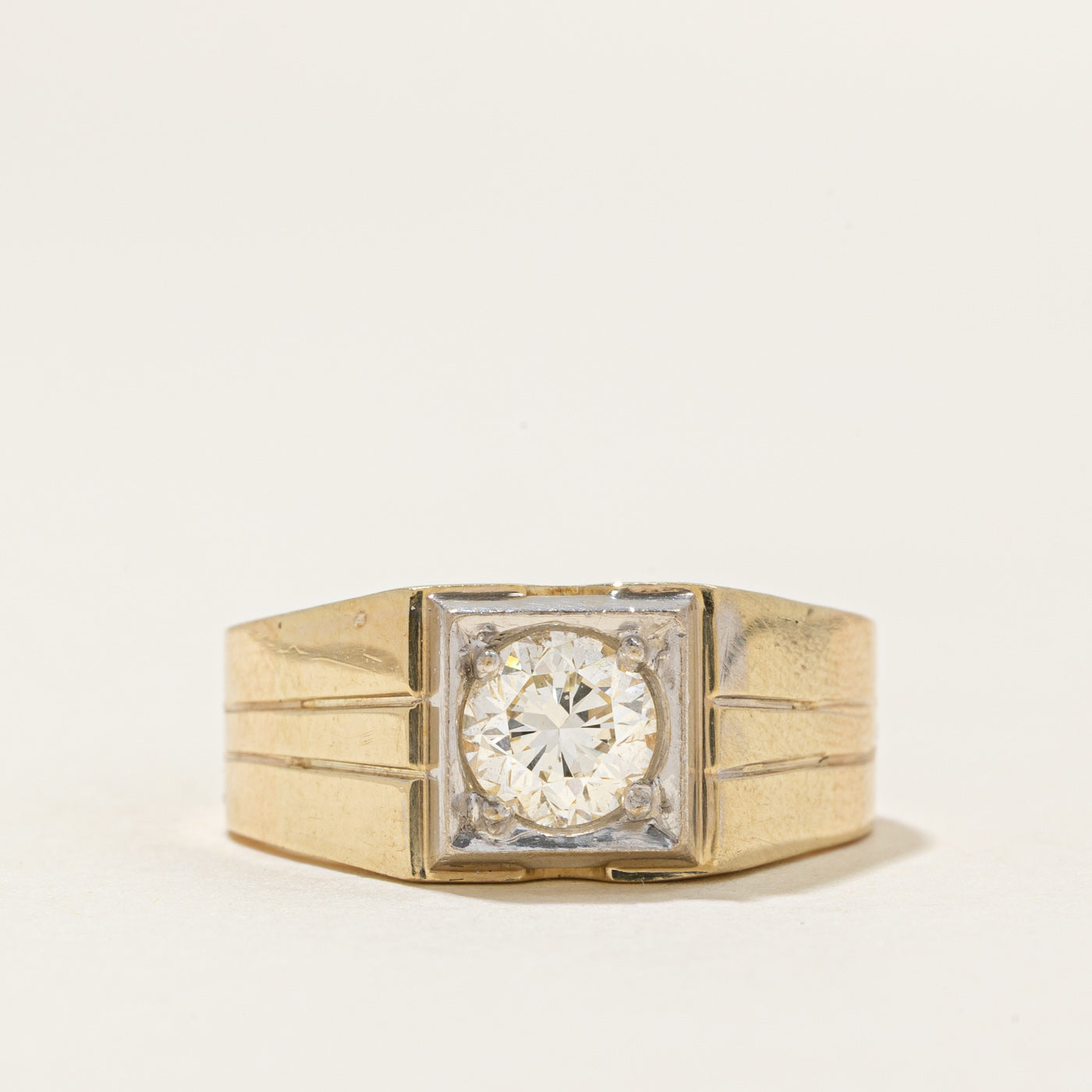 Two Tone Gold Diamond Grooved Signet Ring | 1.05ct VS2/SI1 H/I | SZ 8.5 |