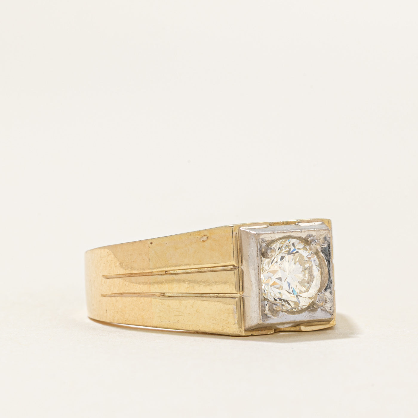 Two Tone Gold Diamond Grooved Signet Ring | 1.05ct VS2/SI1 H/I | SZ 8.5 |