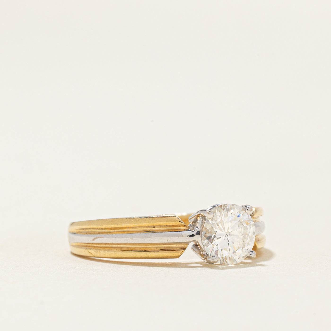 Two Tone Gold Solitaire Diamond Grooved Ring | 0.74ct SI1/SI2 F/G | SZ 6.25 |