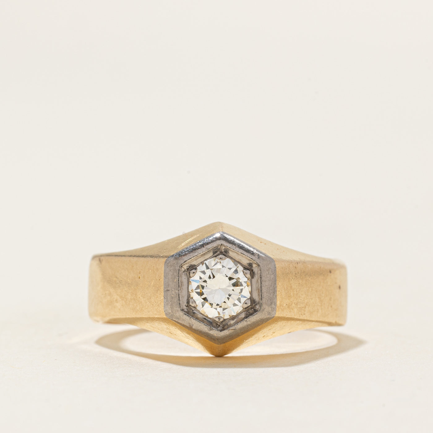 Two Tone Gold Solitaire Diamond Hexagon Ring | 0.4ct | SZ 7.75 |