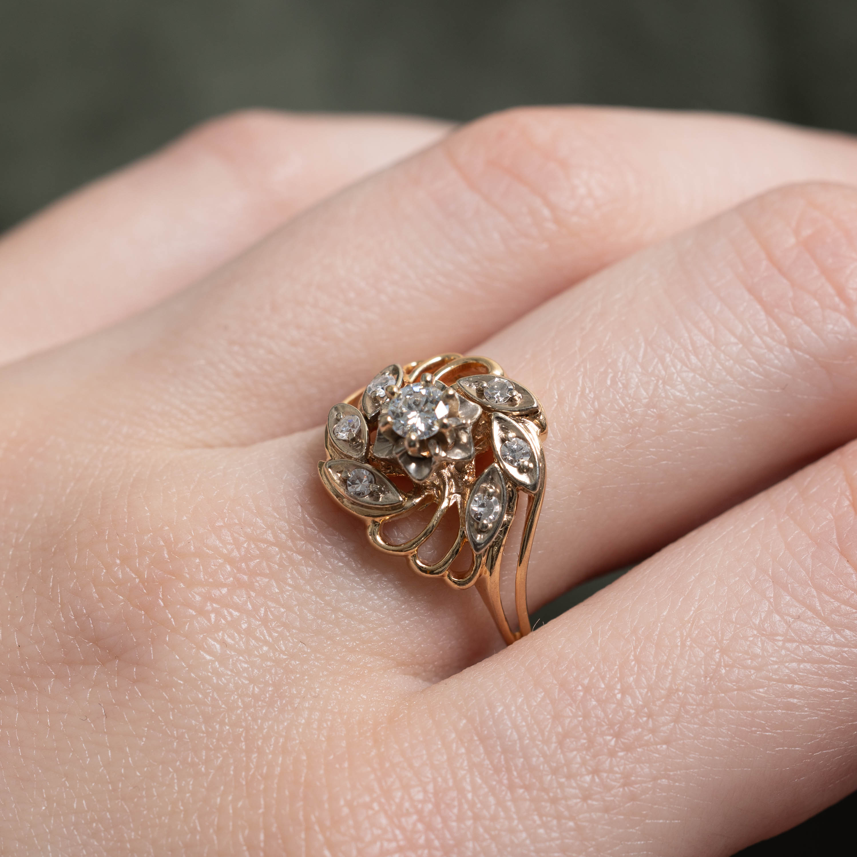 12k Diamond Floral Openwork Cocktail Ring | 0.35ctw | SZ 7.5