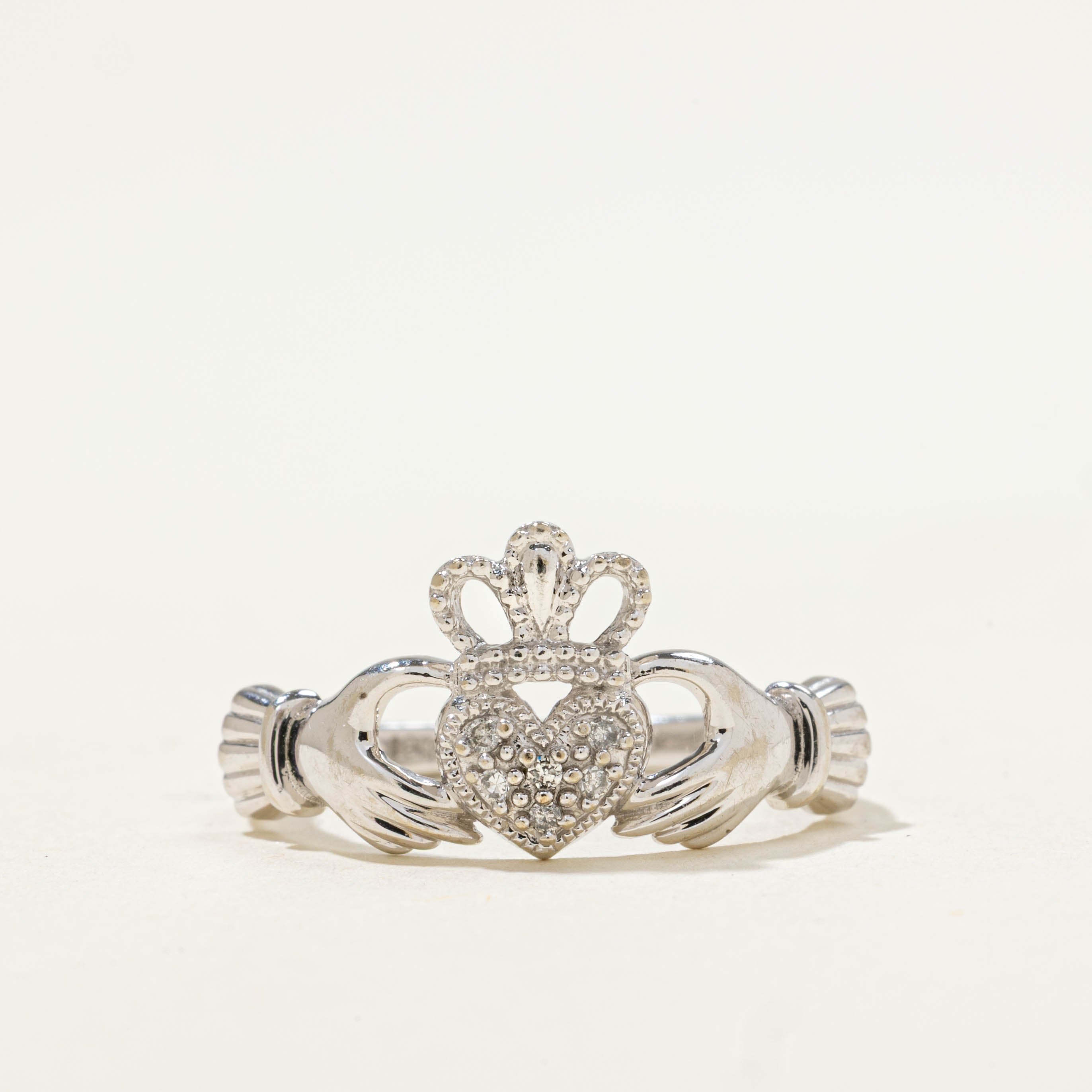 10k White Gold Diamond Claddagh Ring | 0.03ctw | SZ 6