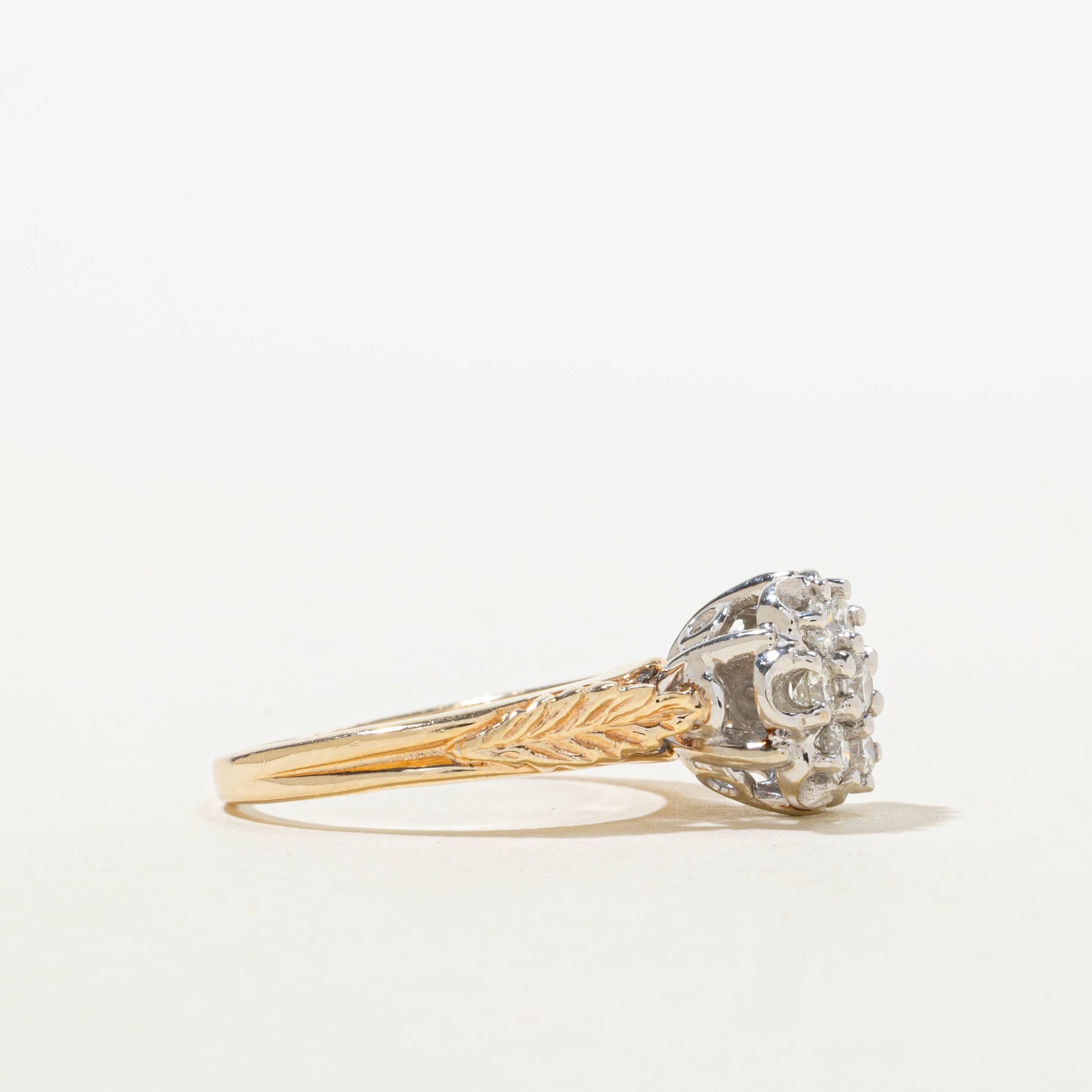 14k Diamond Daisy Cluster Leaf Engraved Ring | 0.45ctw | SZ 5.25
