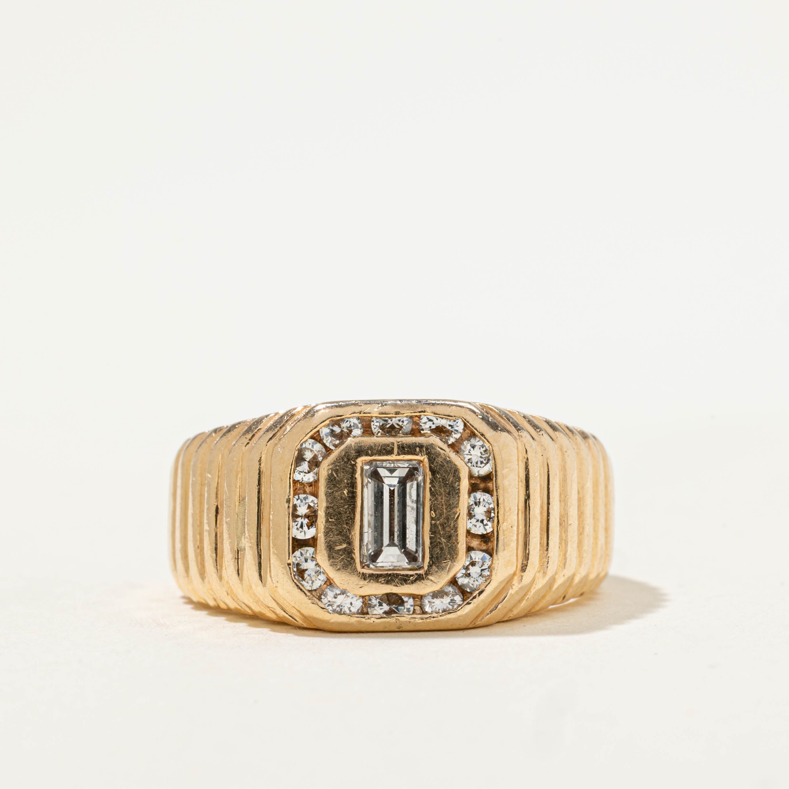 14k Emerald Cut Diamond Halo Fluted Signet Ring | 0.61ctw | SZ 7
