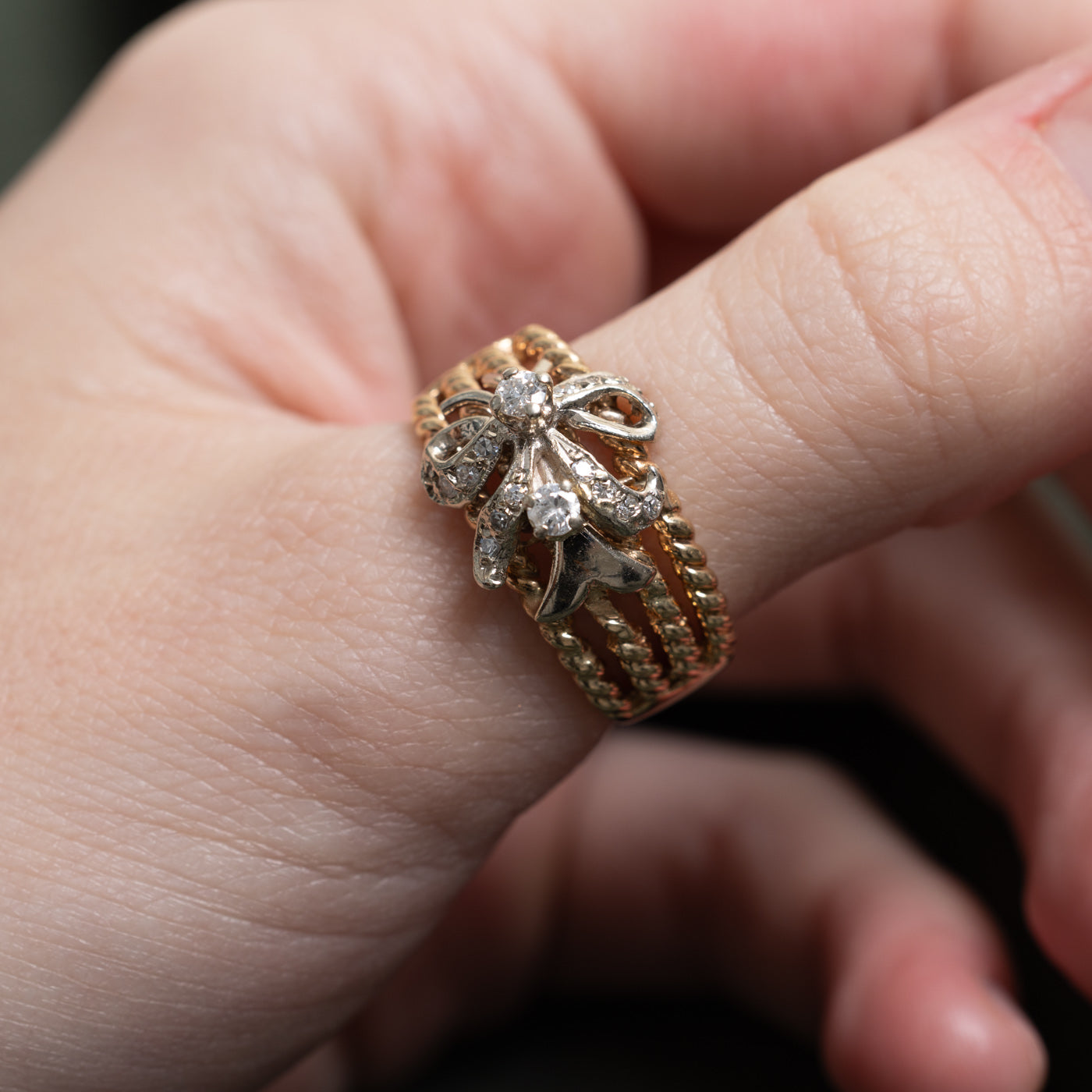 Two Tone Diamond Floral Bow Ring | 0.29ctw | SZ 8.5