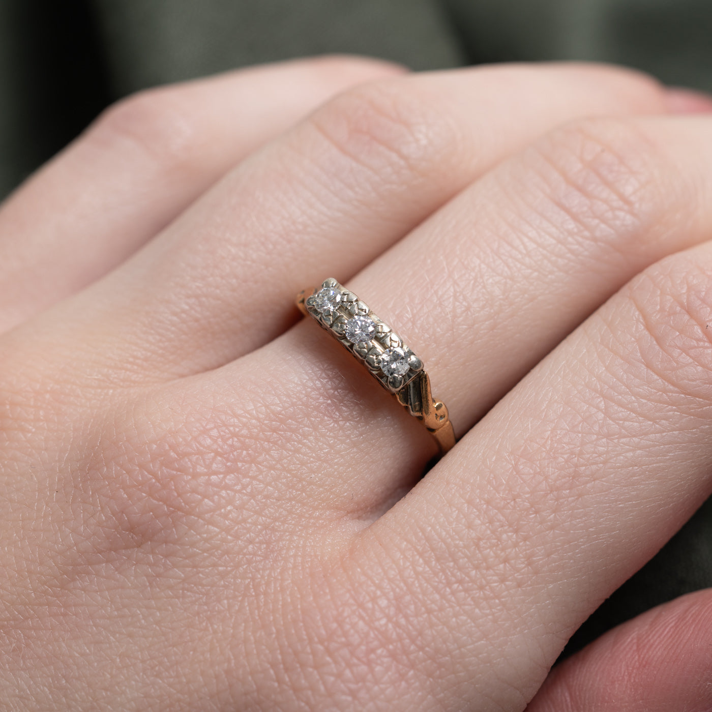 Three Stone Diamond Scrollwork Ring | 0.19ctw | SZ 5.75