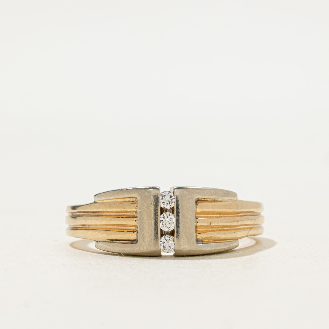 Two Tone Diamond Column Grooved Buckle Ring | 0.12ctw | SZ 13.5