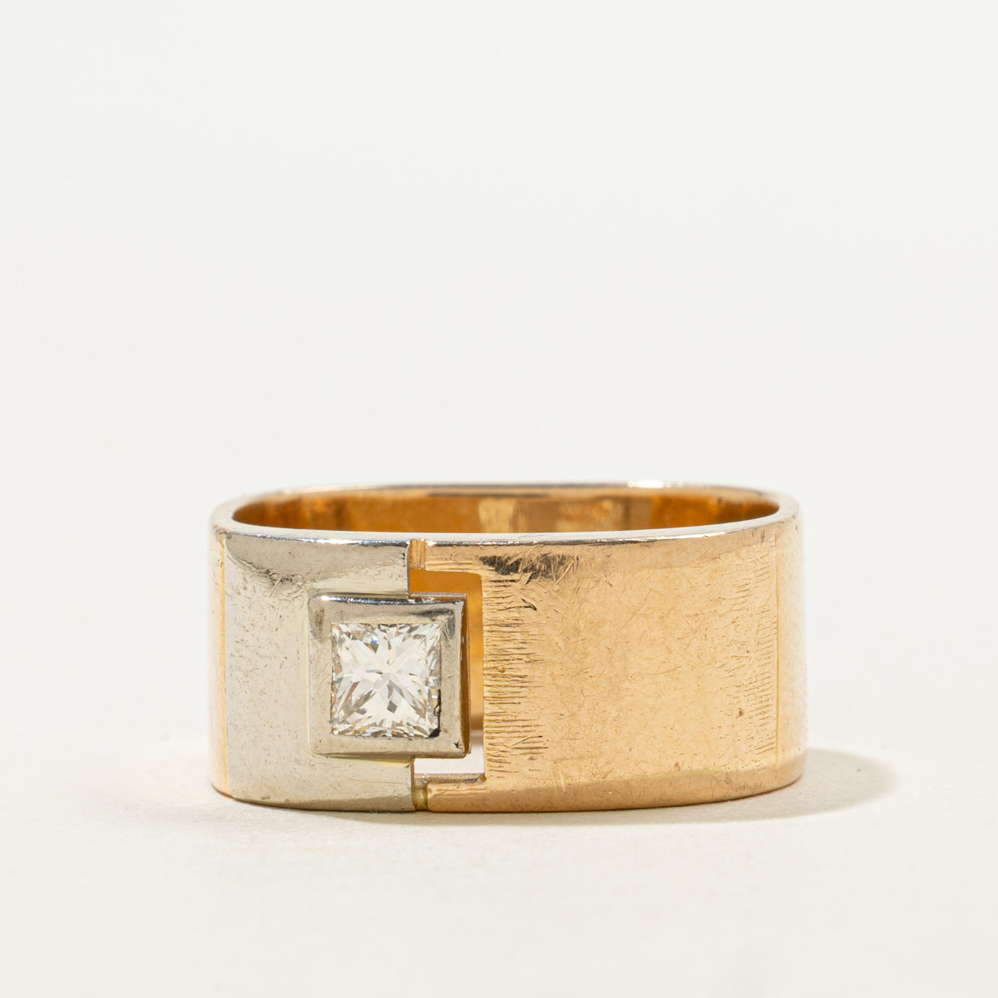 18K Two Tone Gold Diamond Textured Soft Square Band | 9.60mm | SZ 9.0