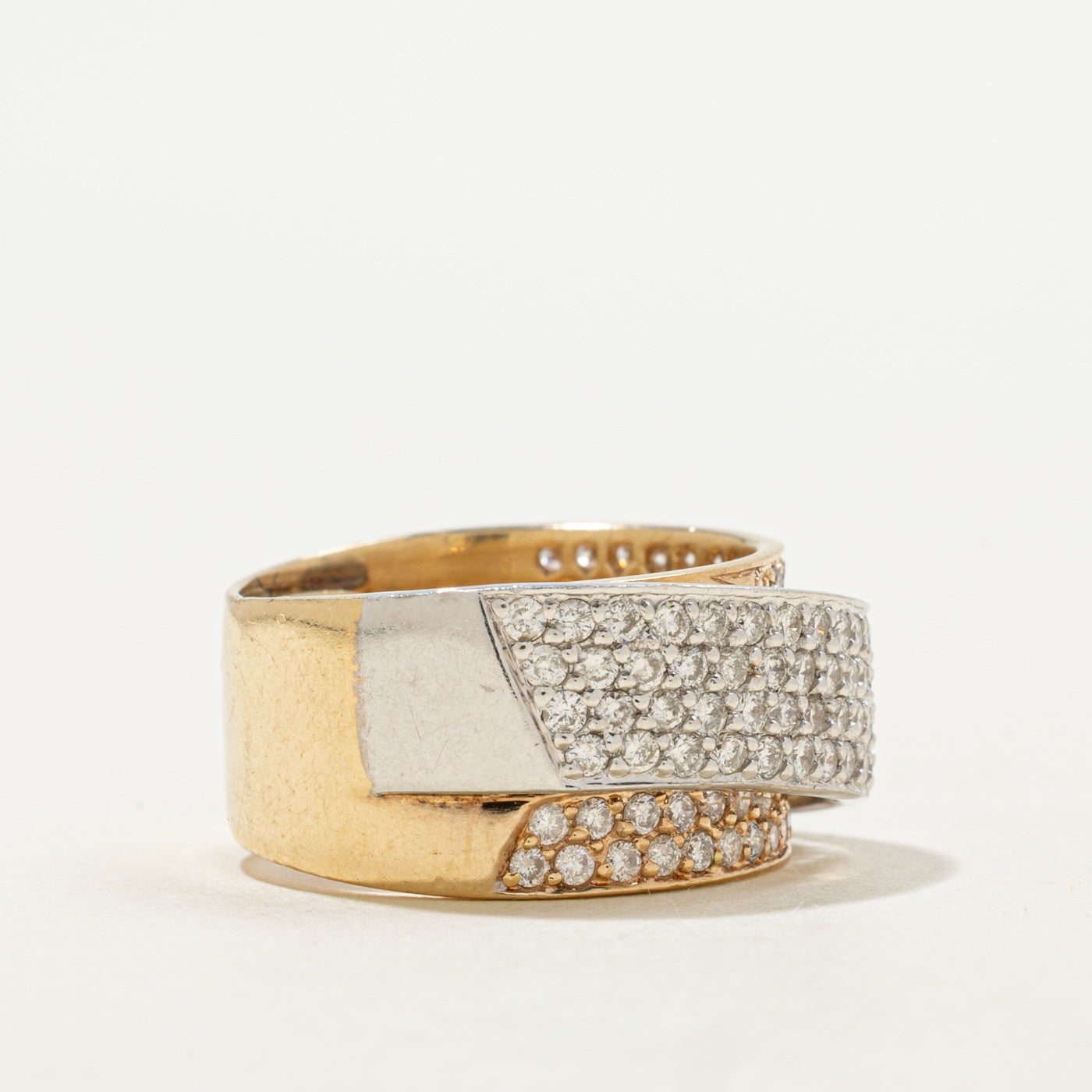 14K Two Tone Pavé Set Diamond Cross Over Ring | 1.20ctw | SZ 5.5