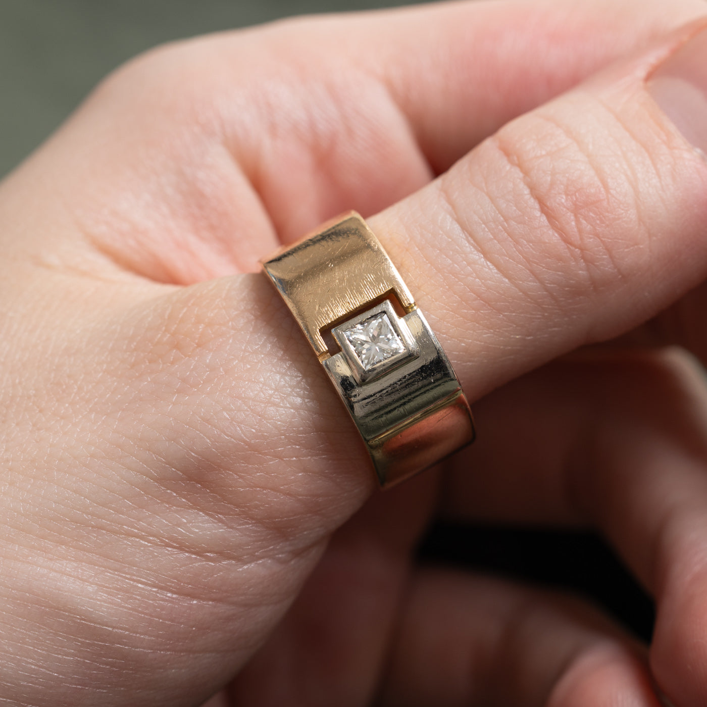 18K Two Tone Gold Diamond Textured Soft Square Band | 9.60mm | SZ 9.0