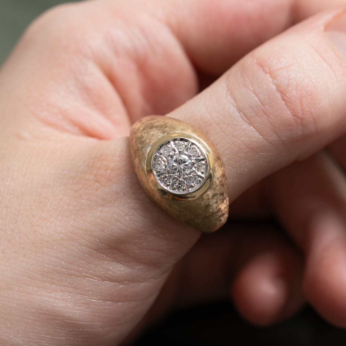 14K Diamond Circle Cluster Textured Signet Ring | 0.12ctw | SZ 10.25