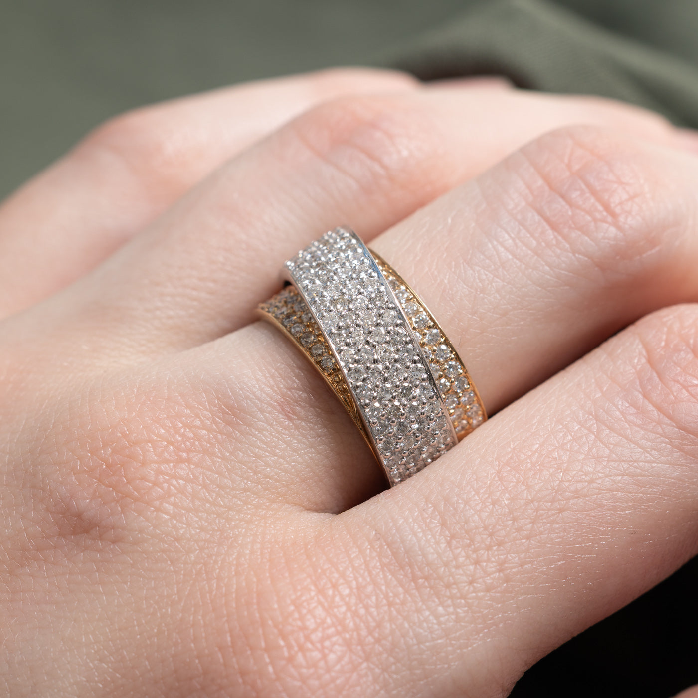 14K Two Tone Pavé Set Diamond Cross Over Ring | 1.20ctw | SZ 5.5