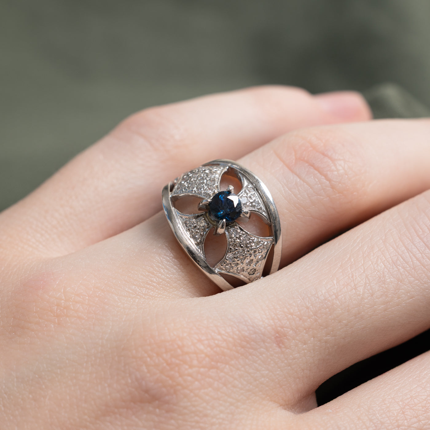 Sapphire & Diamond Geometric Chunky Cocktail Ring | 0.60ct, 0.25ctw | SZ 5.25