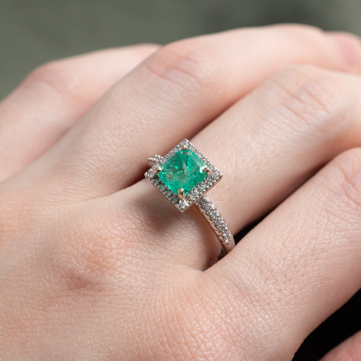 Emerald Cut Emerald & Diamond Halo Ring | 1.43ct, 0.22ctw | SZ 7.0