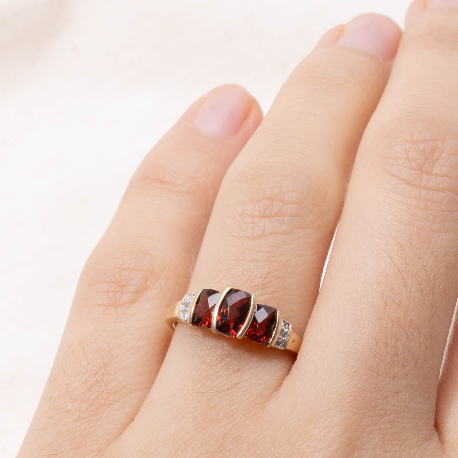 10k Three Stone Garnet & Diamond Accented Ring | SZ 6.25