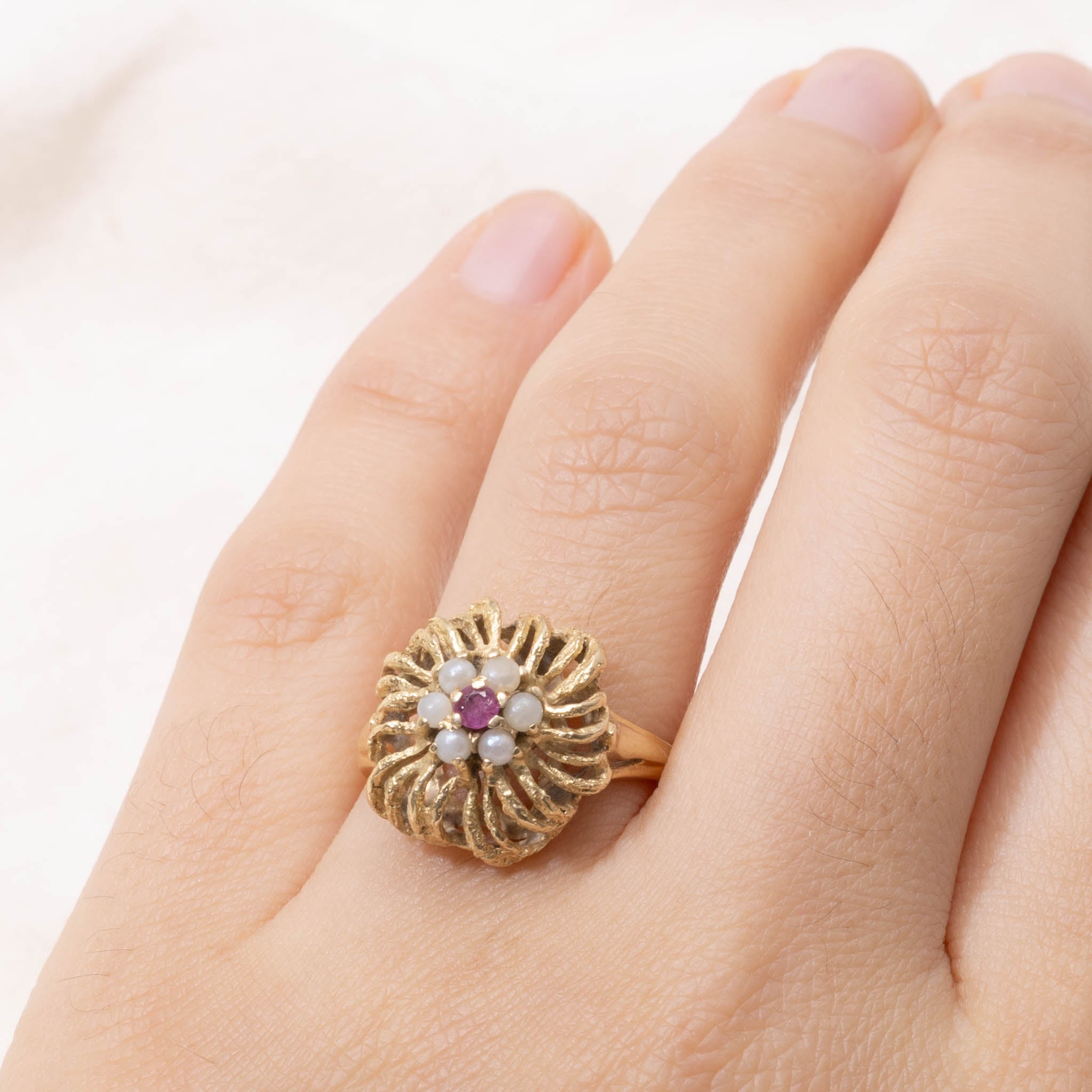 Ruby & Seed Pearl Floral Cocktail Ring | SZ 7.5