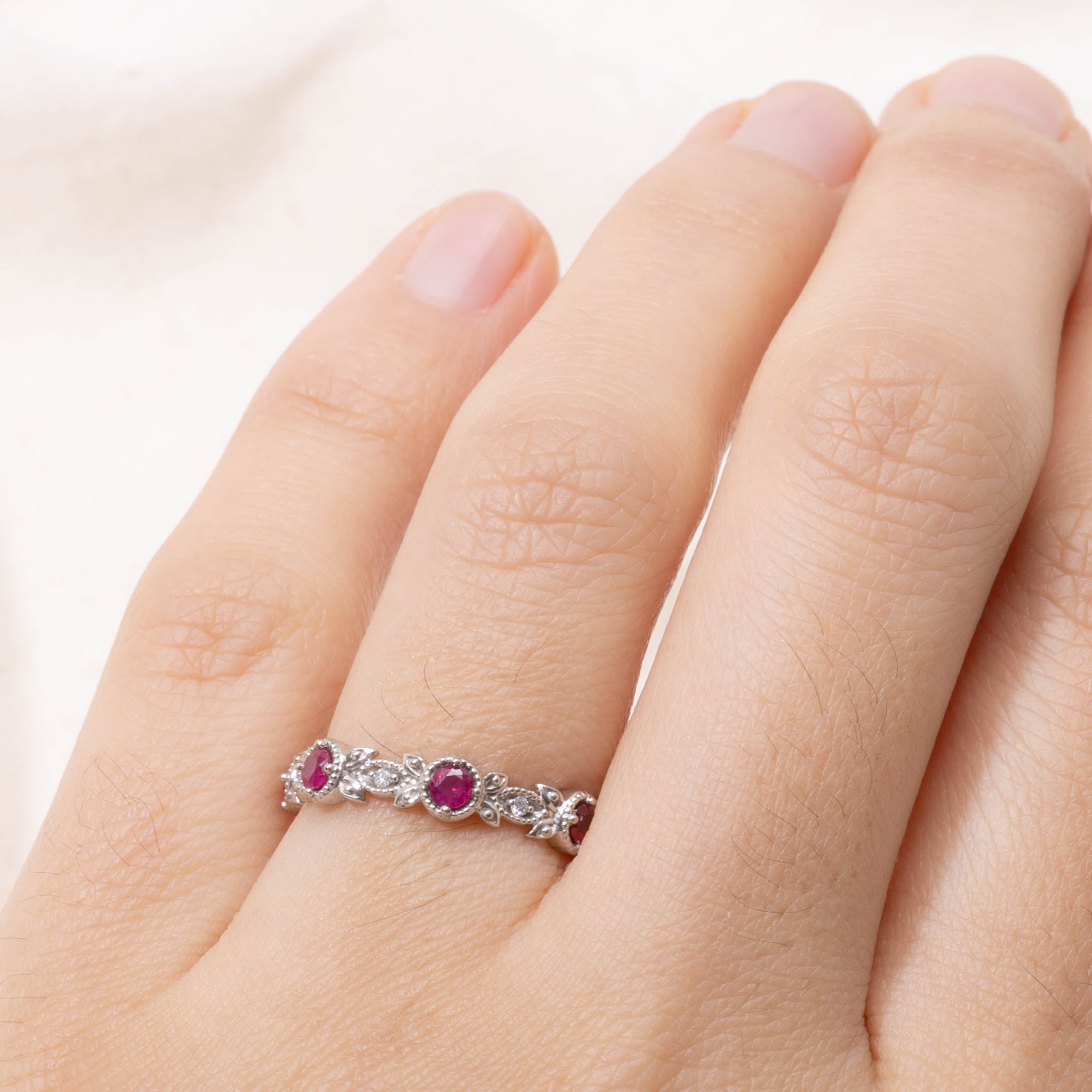 14k Ruby & Diamond Milgrain Floral Band | SZ 6