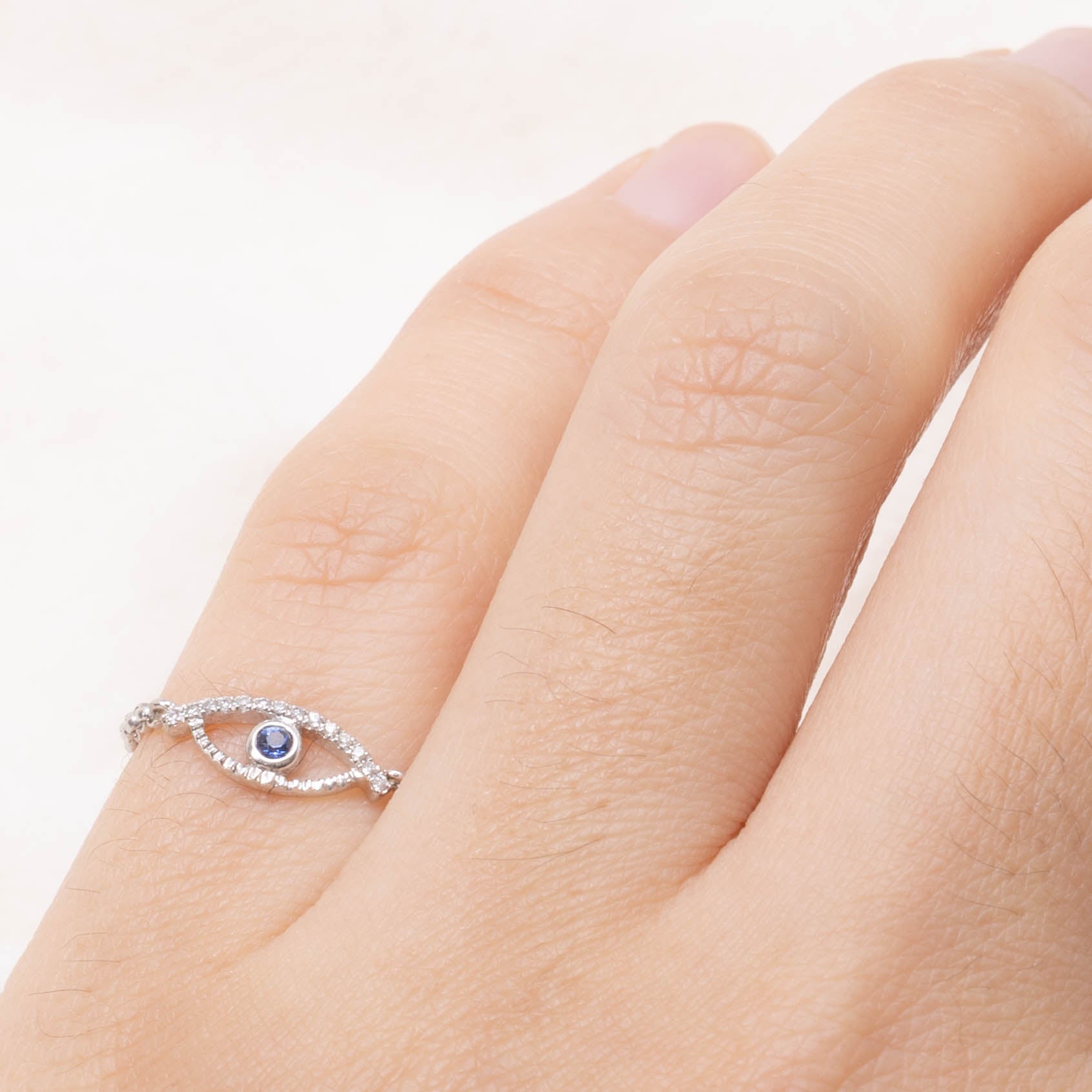18k Sapphire & Diamond Evil Eye Chain Ring | SZ 4