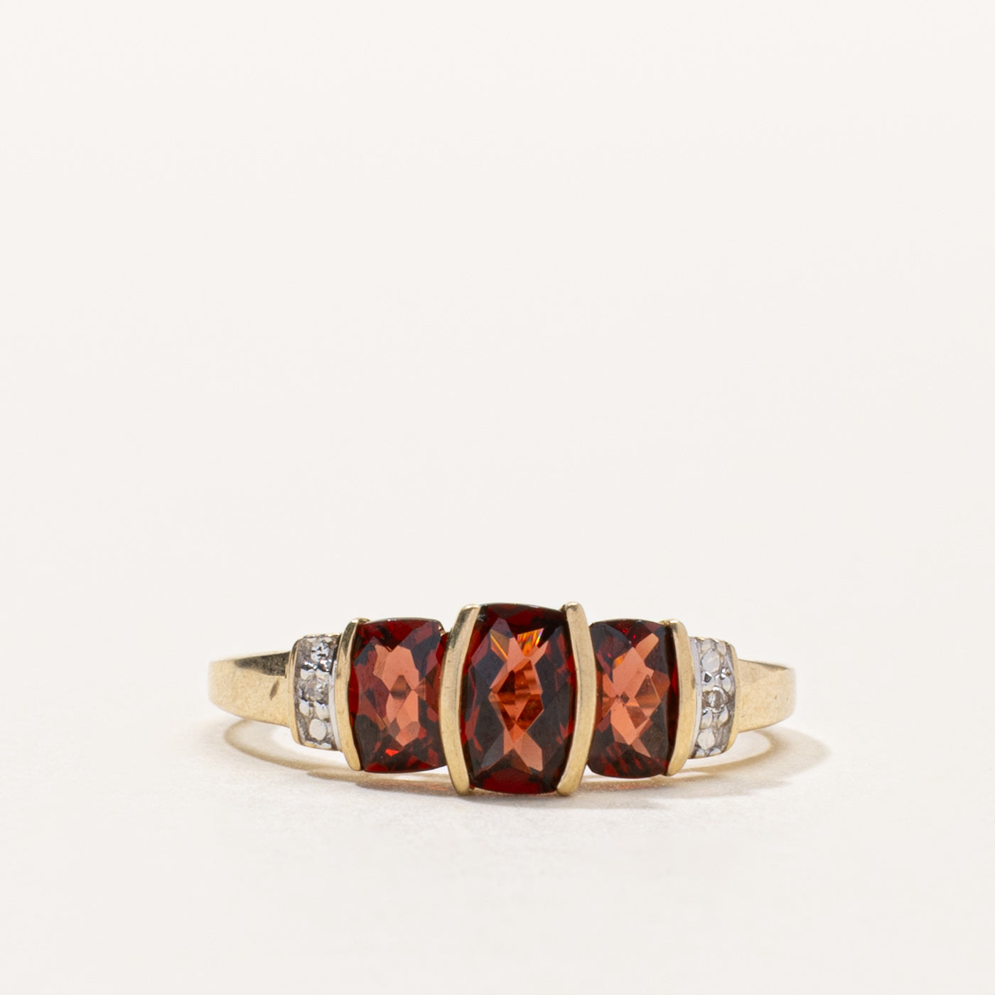 10k Three Stone Garnet & Diamond Accented Ring | SZ 6.25