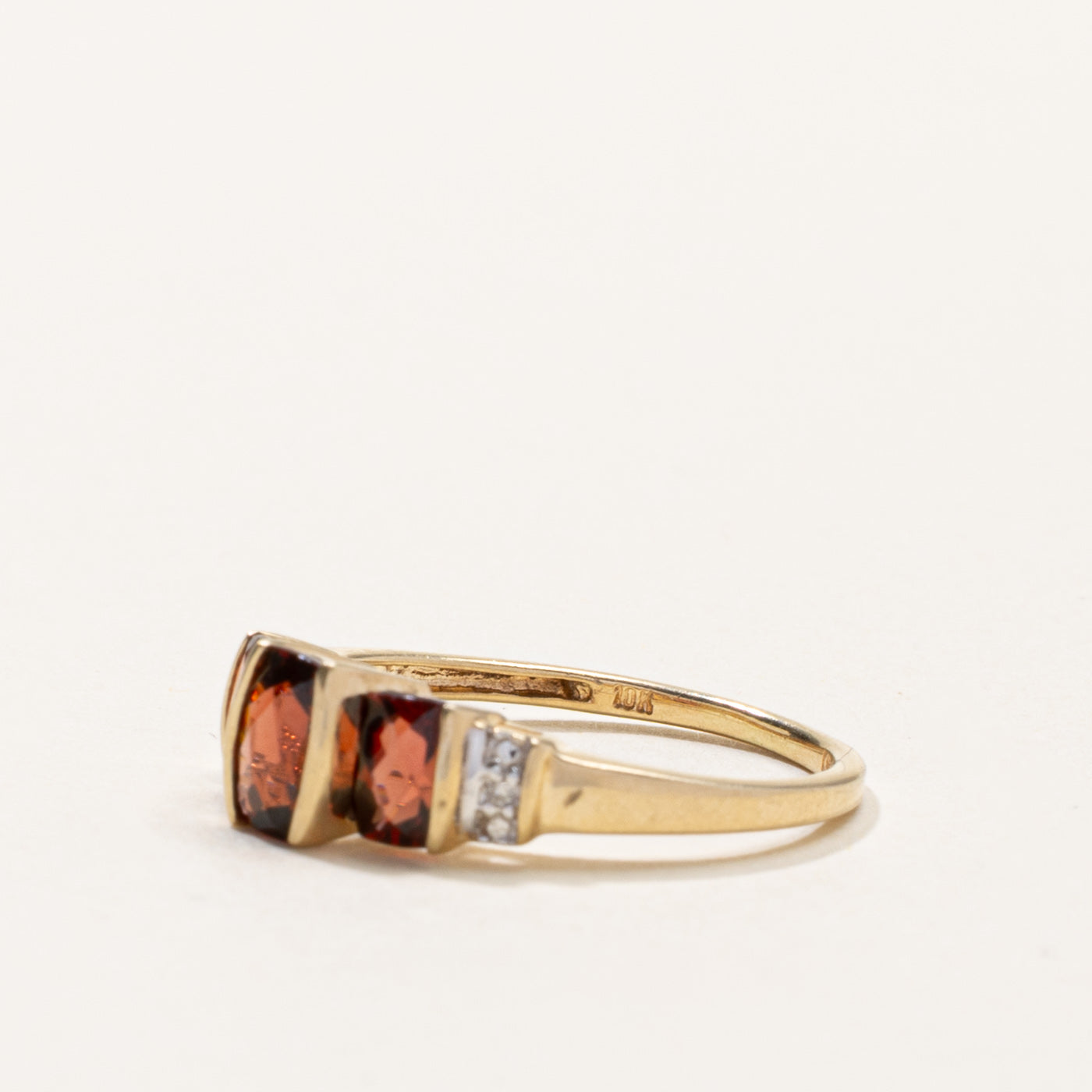 10k Three Stone Garnet & Diamond Accented Ring | SZ 6.25