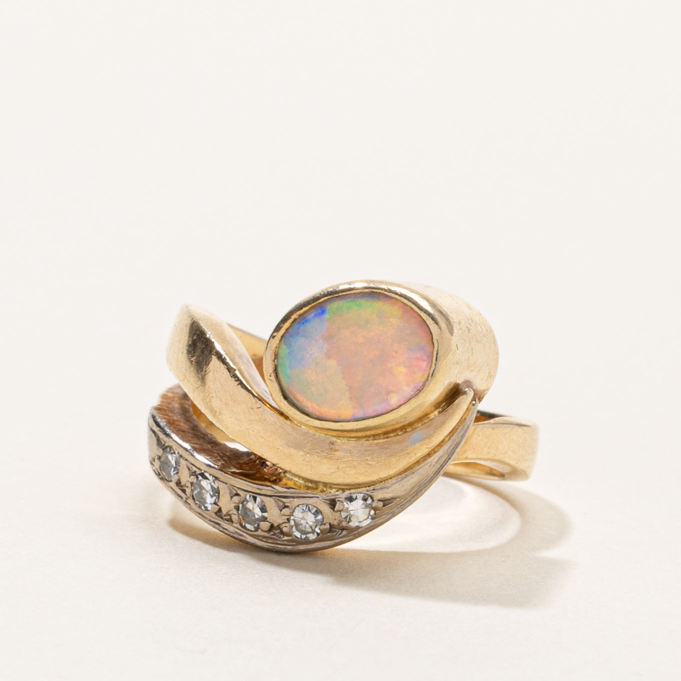 10k Bezel Set Opal & Diamond Wave Ring | SZ 4