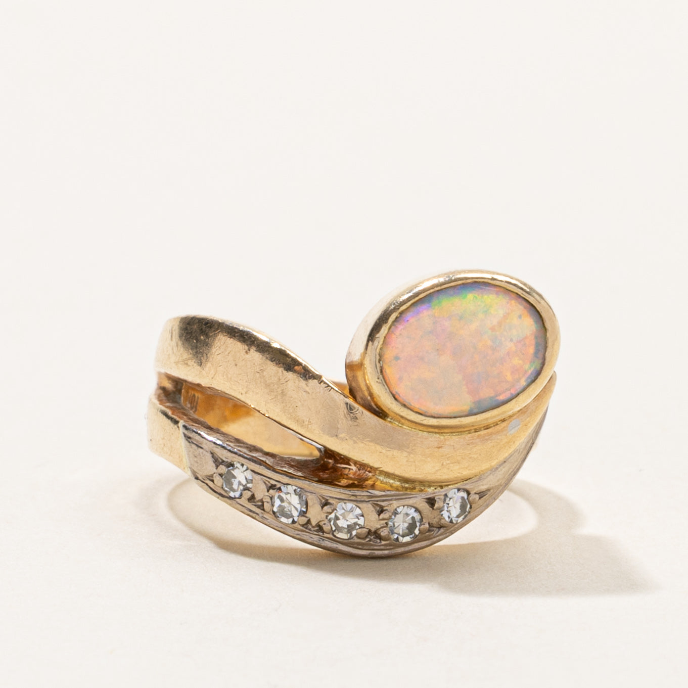 10k Bezel Set Opal & Diamond Wave Ring | SZ 4