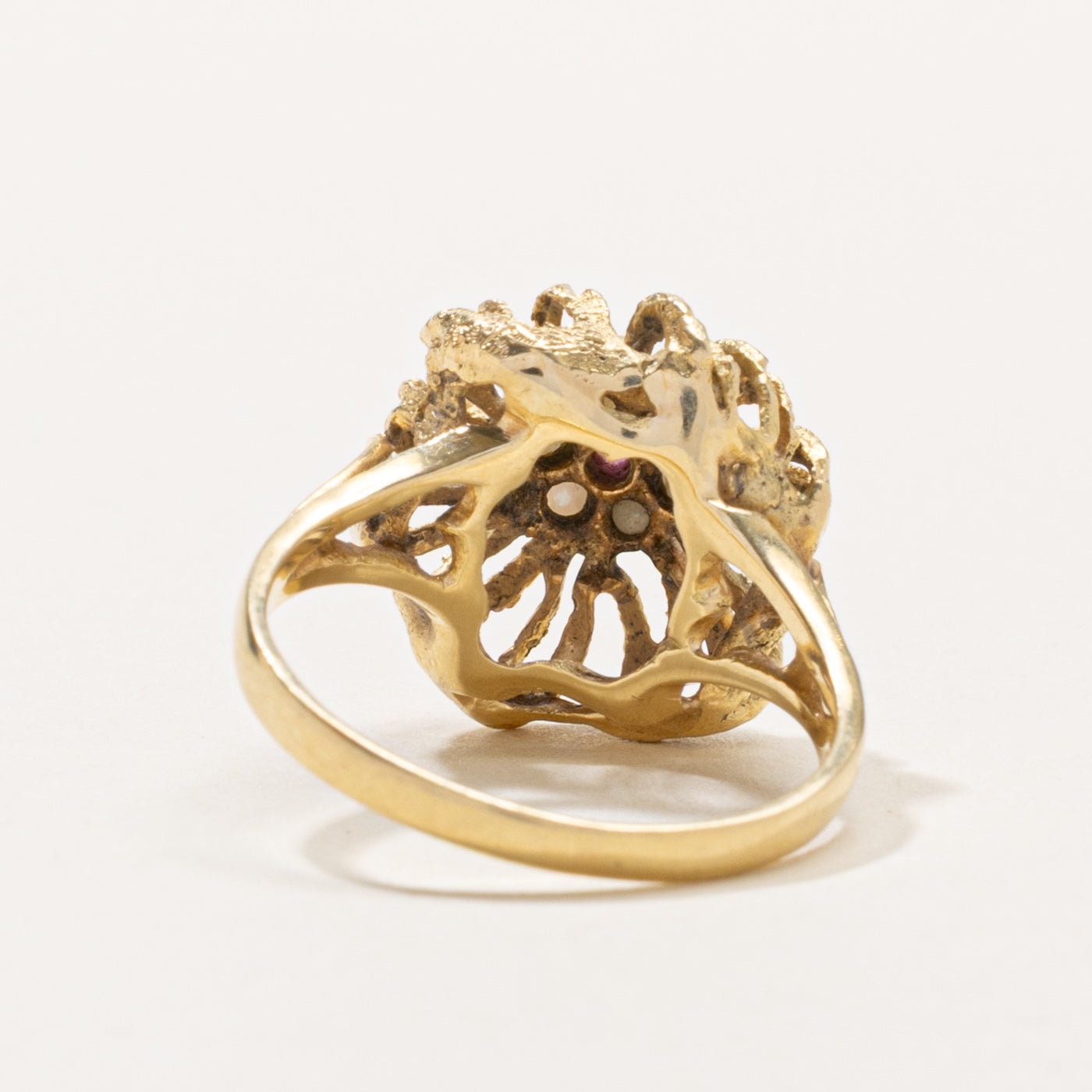Ruby & Seed Pearl Floral Cocktail Ring | SZ 7.5