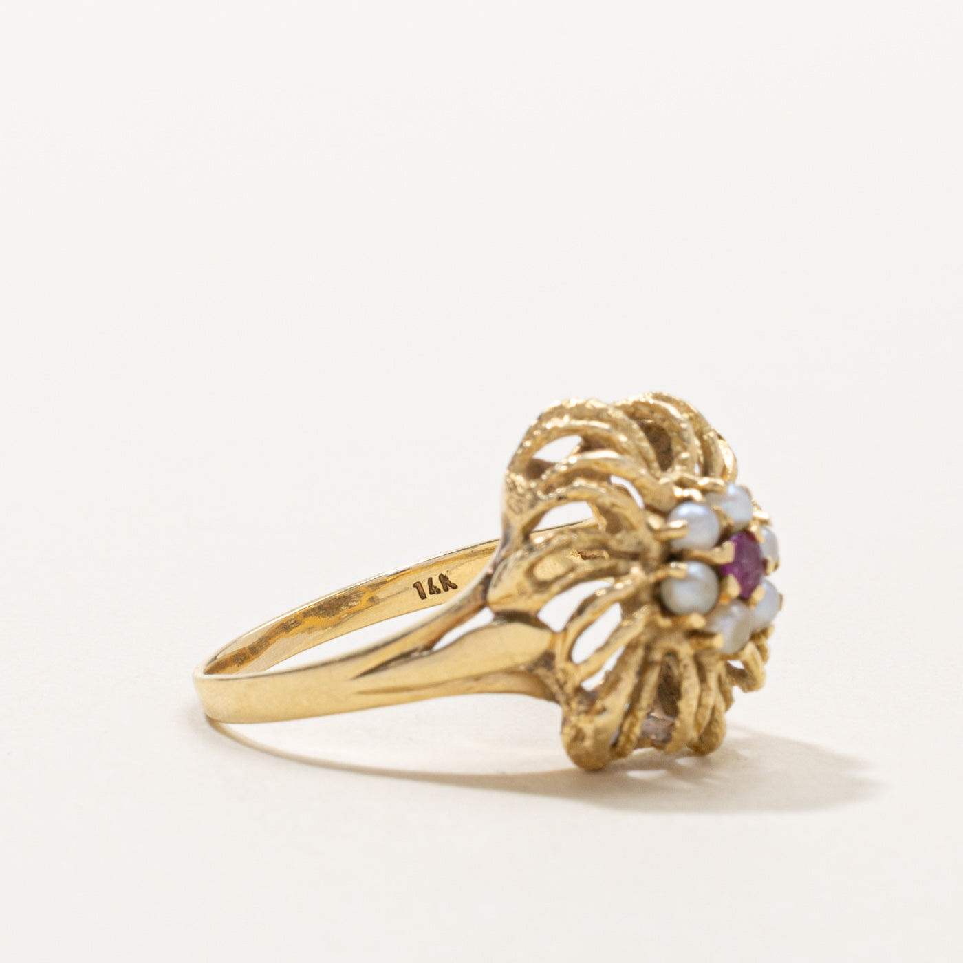 Ruby & Seed Pearl Floral Cocktail Ring | SZ 7.5