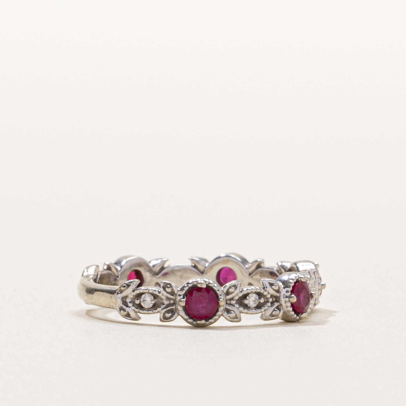 14k Ruby & Diamond Milgrain Floral Band | SZ 6