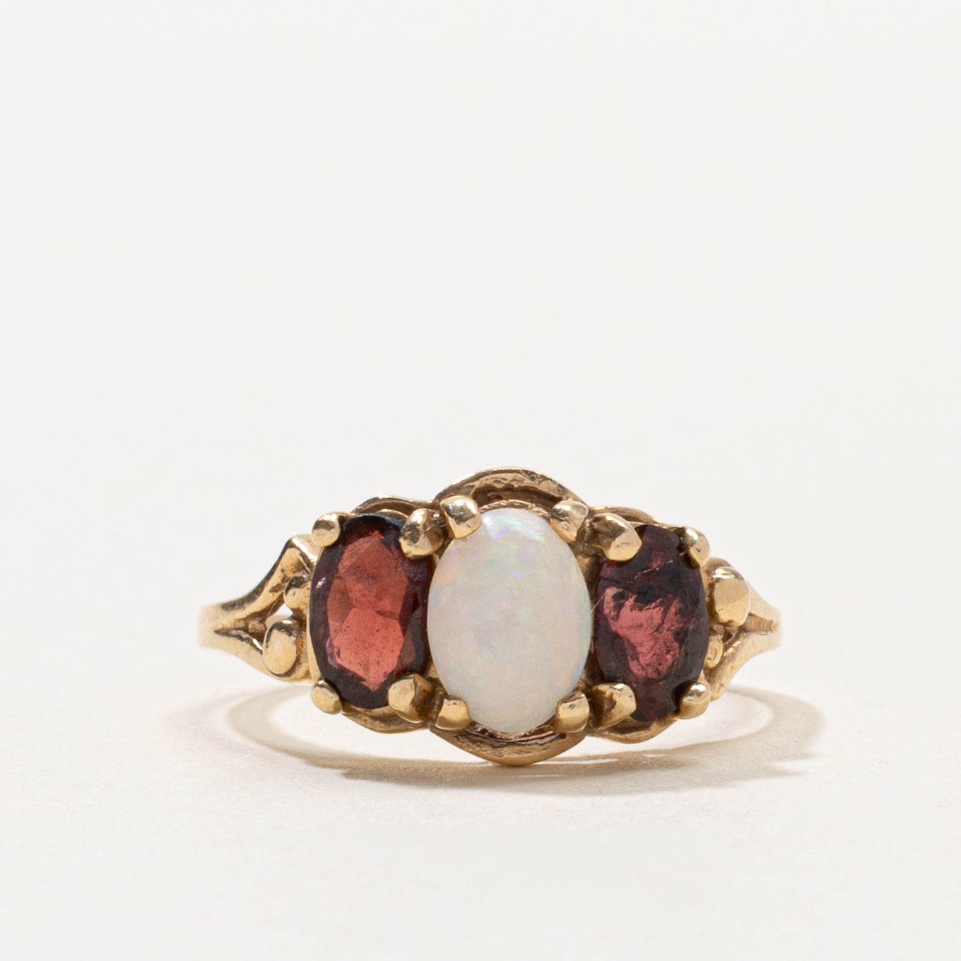 10k Three Stone Opal & Garnet Ring | SZ 5.25