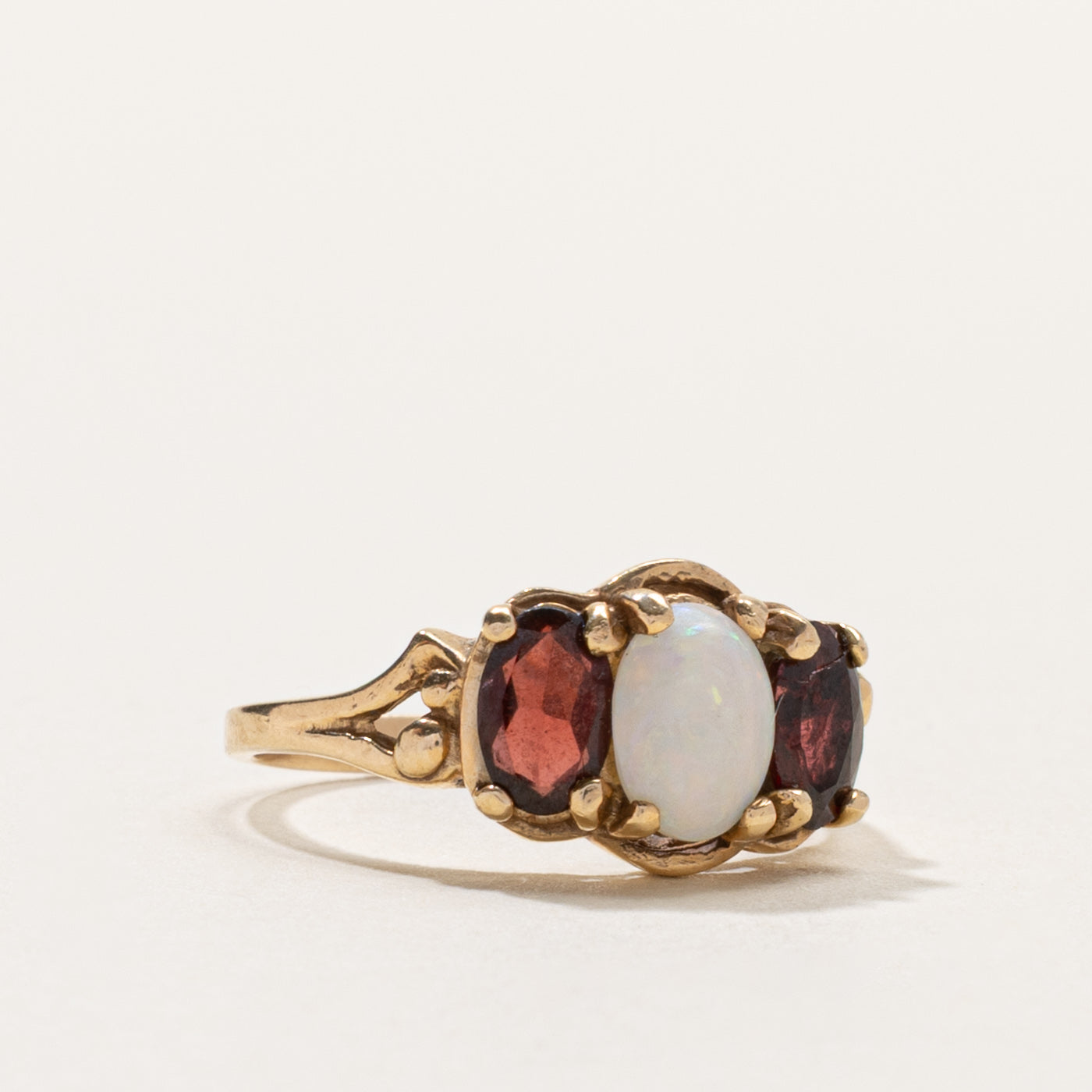 10k Three Stone Opal & Garnet Ring | SZ 5.25