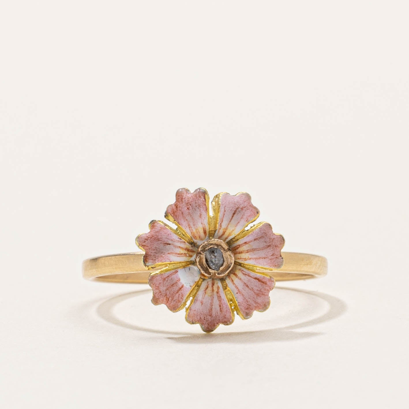 14k Rose Cut Diamond & Enamel Anemone Flower Ring | SZ 6.25