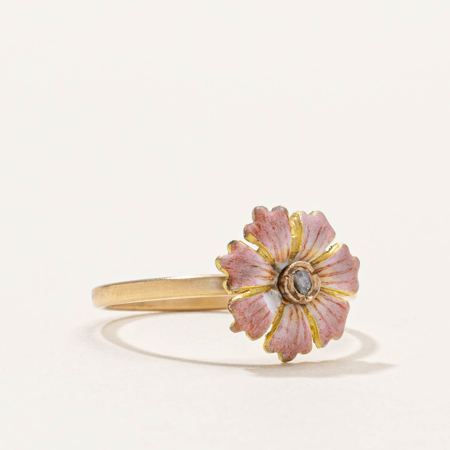 14k Rose Cut Diamond & Enamel Anemone Flower Ring | SZ 6.25
