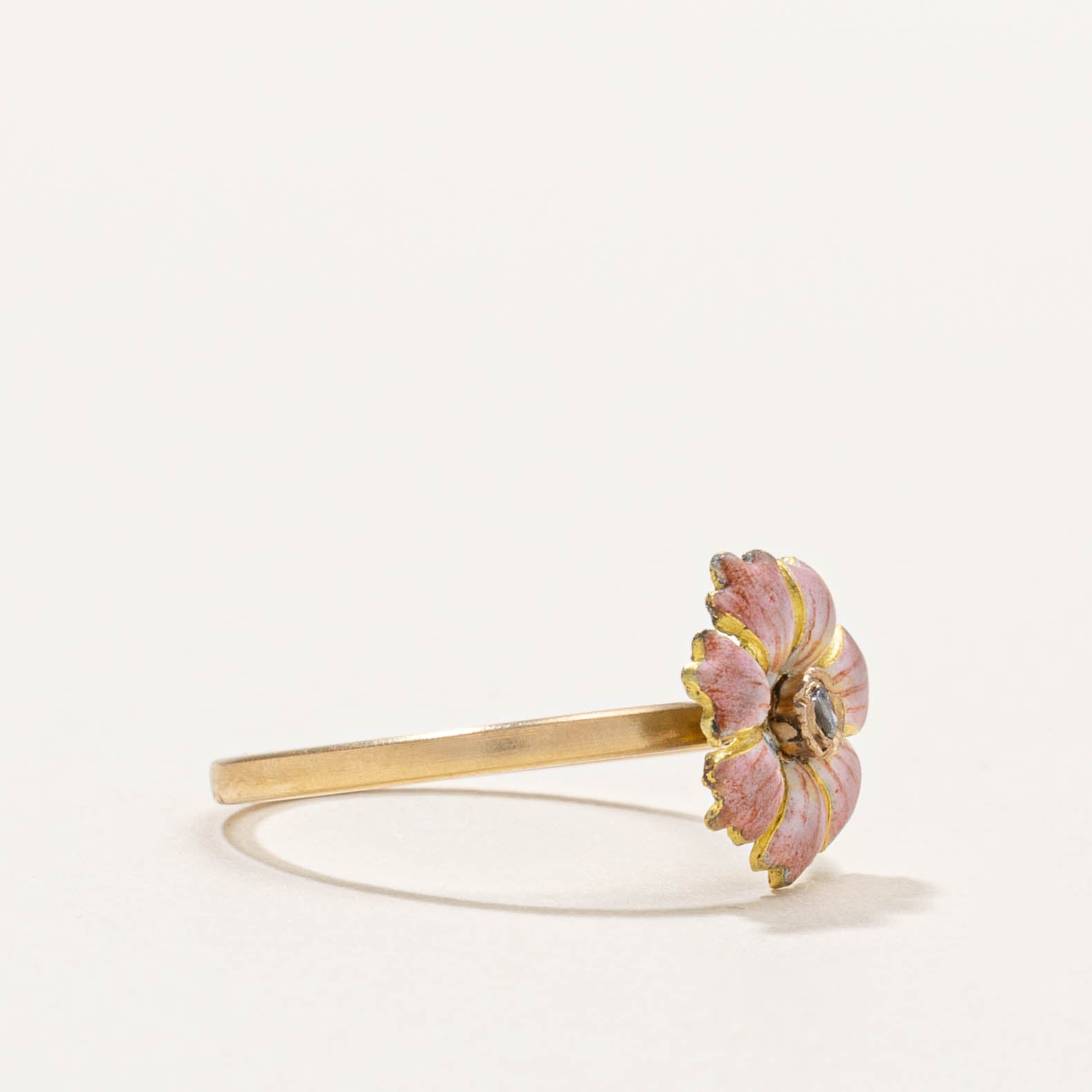 14k Rose Cut Diamond & Enamel Anemone Flower Ring | SZ 6.25