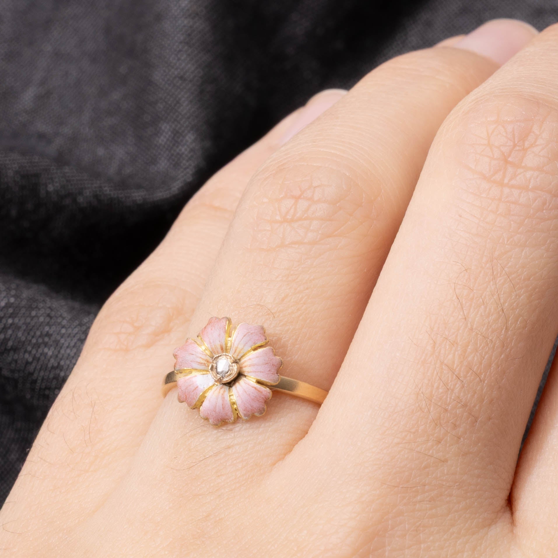 14k Rose Cut Diamond & Enamel Anemone Flower Ring | SZ 6.25