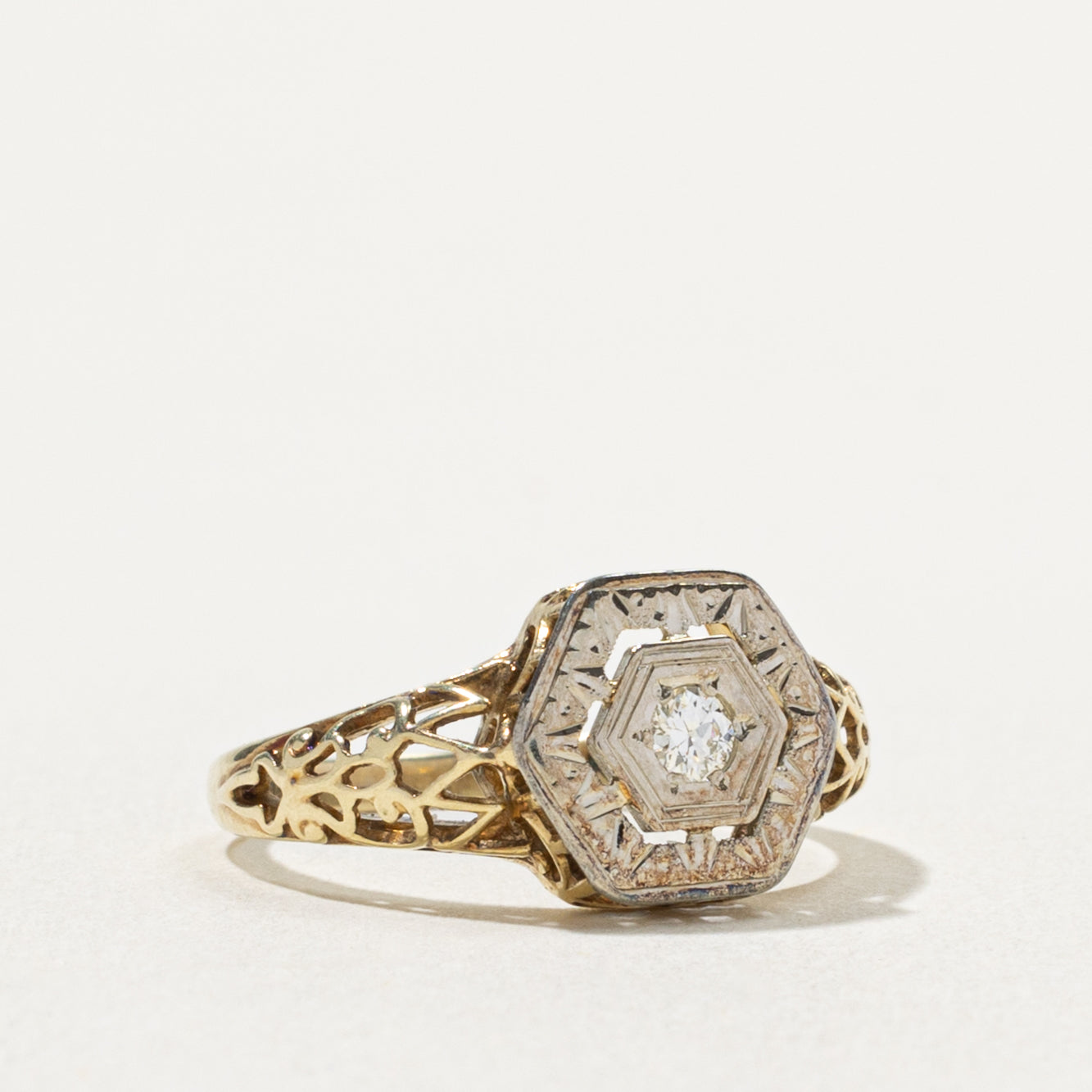 14k Two Tone Diamond Openwork Hexagon Ring | 0.05ct | SZ 4.5