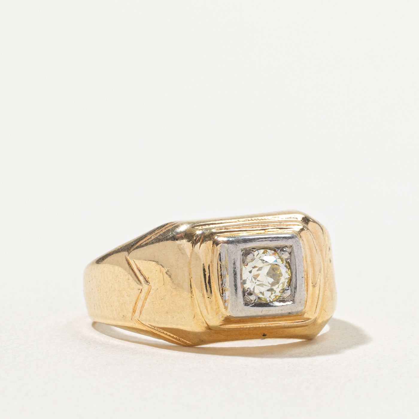 14k Solitaire Old European Cut Yellow Diamond Grooved Signet Ring | 0.30ct | SZ 7.5