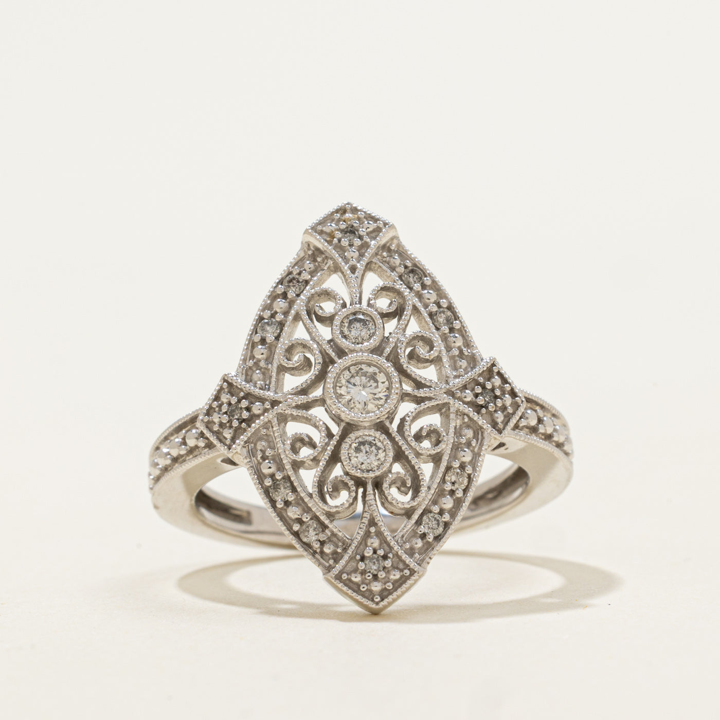 10k Diamond Scrollwork Navette Ring | 0.15ctw | SZ 6