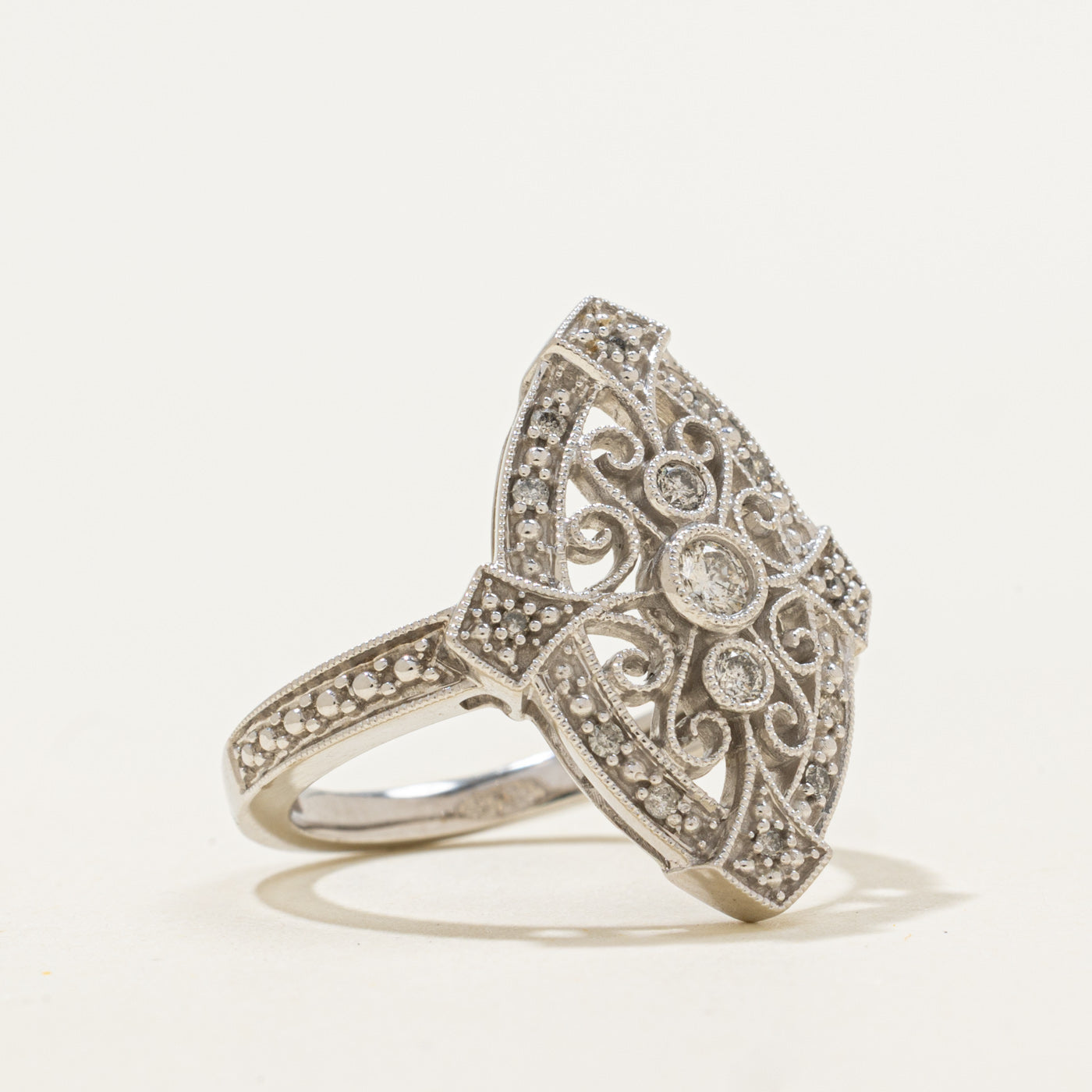 10k Diamond Scrollwork Navette Ring | 0.15ctw | SZ 6