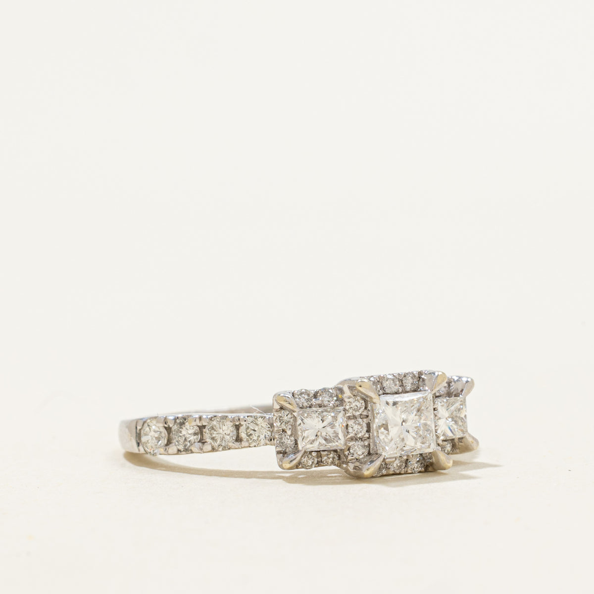 10k Three Stone Princess Cut Diamond Halo Ring | 0.49ctw | SZ 6.5